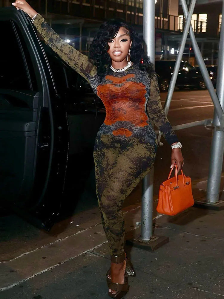 Weird Puss Tie-Dye Print Jumpsuit Women Fitness Stretch Tight Sexy o-Neck Full Sleeve Skinny Streetwear Autumn Zip Slim Overalls