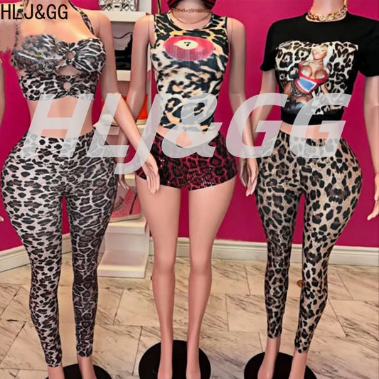 HLJ&GG Sexy Hollow Out Leopard Printing Two Piece Sets Women Halter Bandage Crop Top And Skinny Pants Outfits Fashion Streetwear