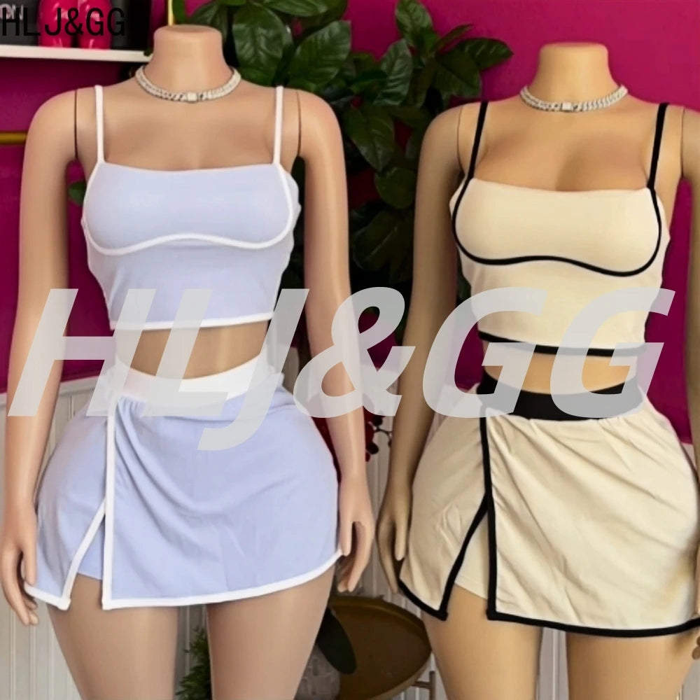 HLJ&GG Fashion High Quality Stretch Sporty Skirts Shorts Two Piece Sets Women Spaghetti Strap Slim Crop Top+Mini Skirts Outfits