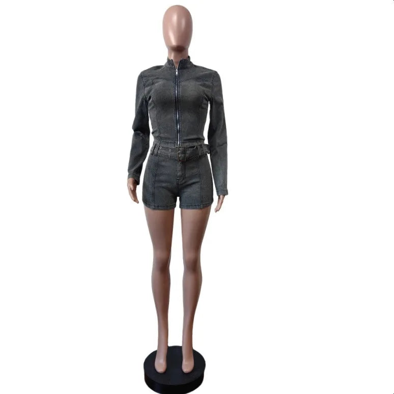 Weird Puss Distressed Denim 2 Piece Set Women Zipper Cardigan Full Sleeve Jacket+Sashes Patchwork Shorts Street Trend Chic Suits