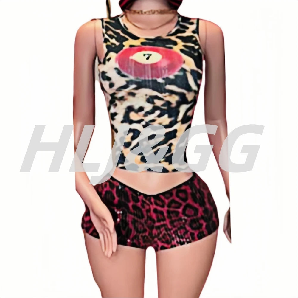 HLJ&GG Sexy Hollow Out Leopard Printing Two Piece Sets Women Halter Bandage Crop Top And Skinny Pants Outfits Fashion Streetwear