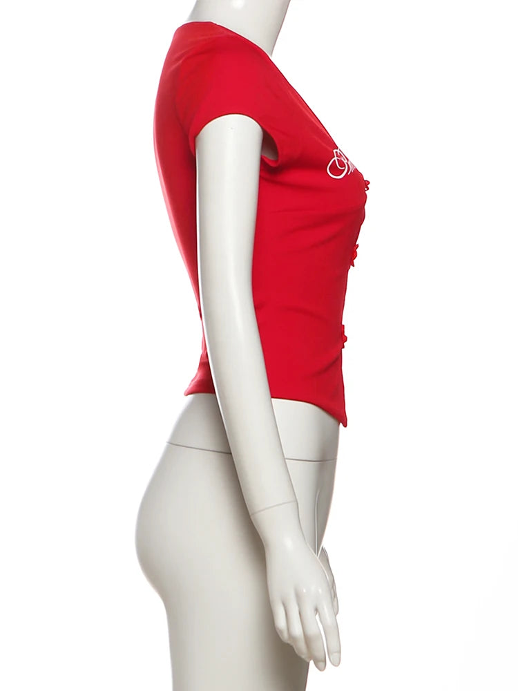 Weird Puss Sexy Letter Print T-Shirt Women Hollow Cheongsam Button V Neck Midnight Hottie Versatile Street Skinny Crop Tops