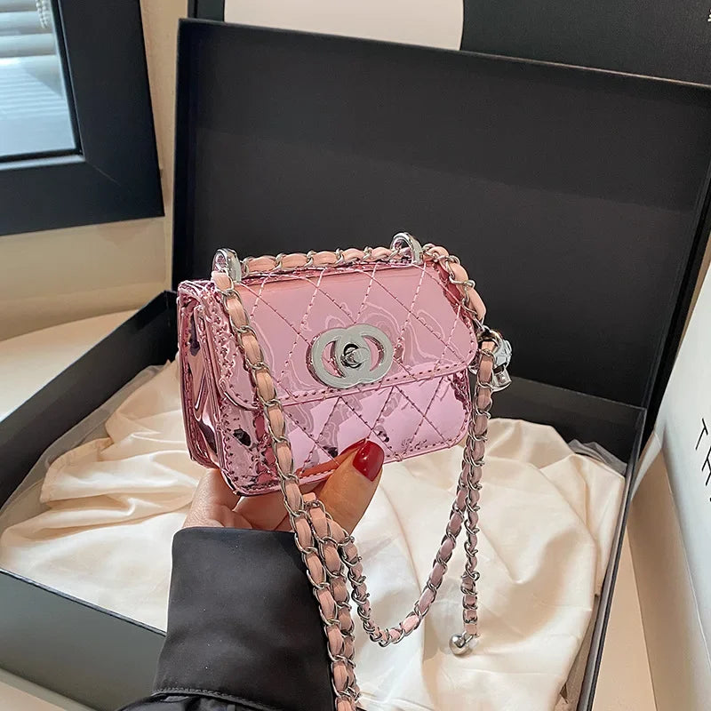 2025 New Arrival Eye - Catching Laser - Patent Mini Crossbody with Gleaming Glossy Chain Strap, Convenient Lipstick Holder