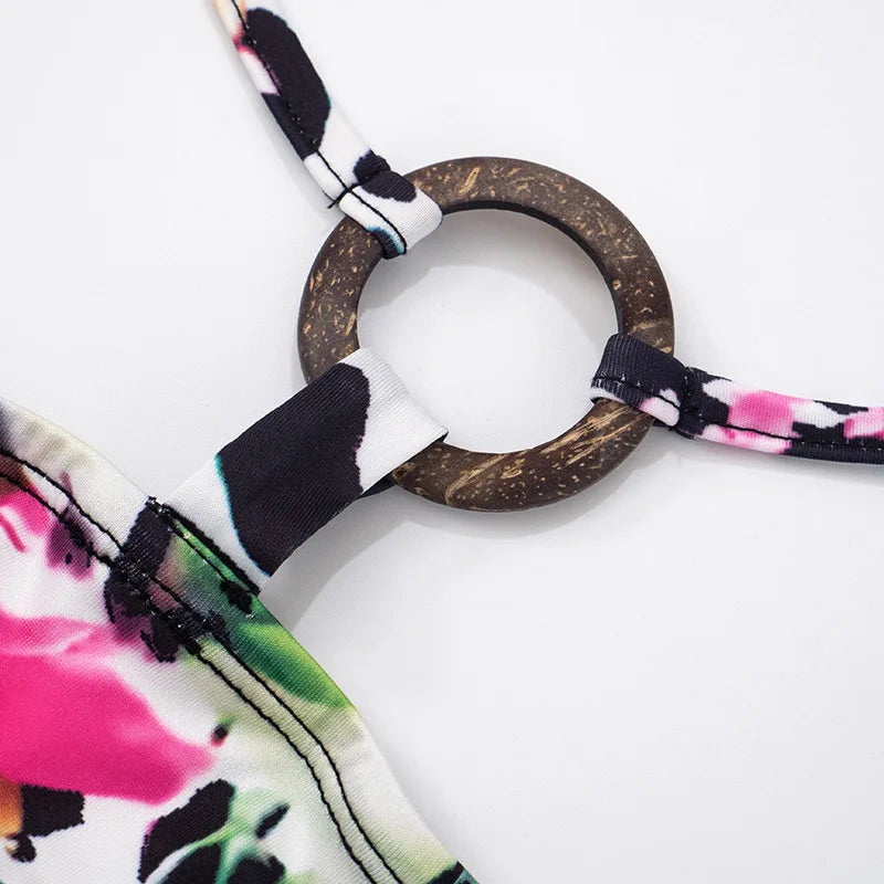 Sexy Nightclub Party Bikini Set with Irregular Round Buckle Printed Backless Short Tight Spring Summer Women's Lingerie Swimwear