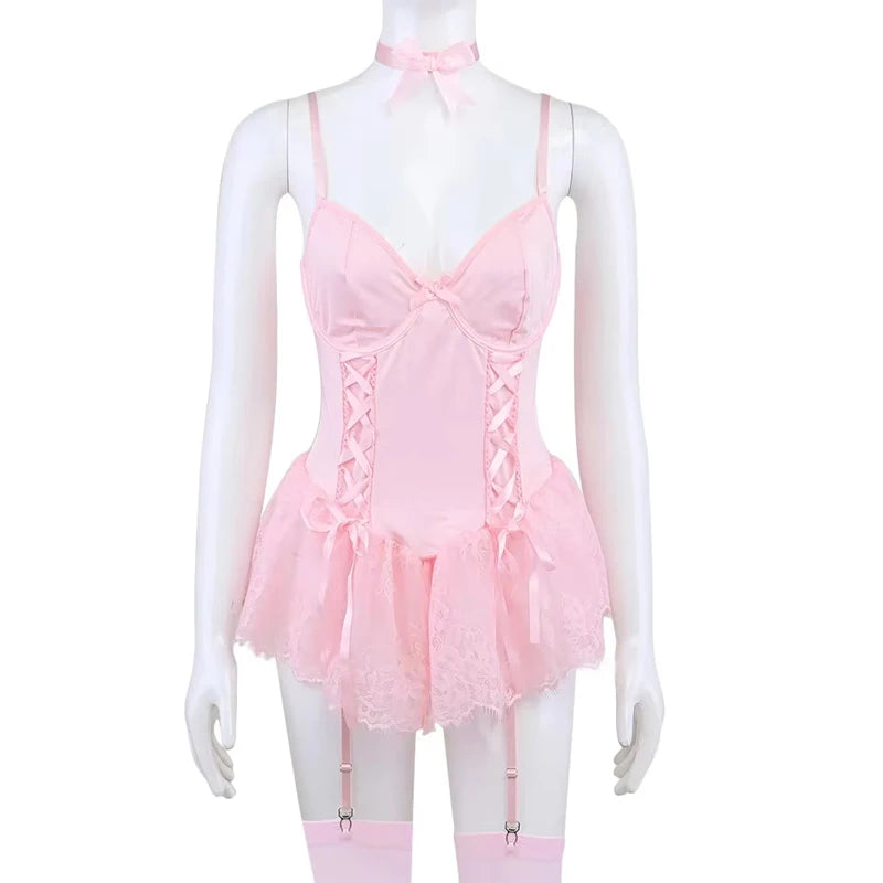 Lace Fancy Patchwork Garters Sexy Lingerie Girly Pink Corset Dress Stocking Matching Cute Sexy Uniform Lingerie New