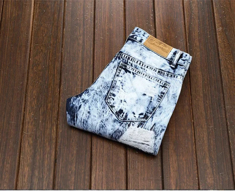 Denim Embroidered Patchwork Ripped Jeans (without Belt) Slim Fashion High Street Motorcycle Denim Pants Male Designer Clothes, men's jeans