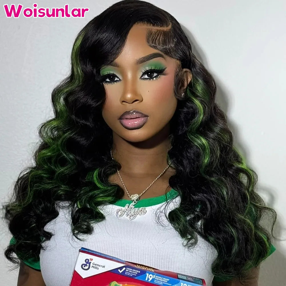 Highlight Green and black lace Front Human Hair Wig Loose deep 200% For women 13x4 Transparent Lace Front Human hair wigs 100%
