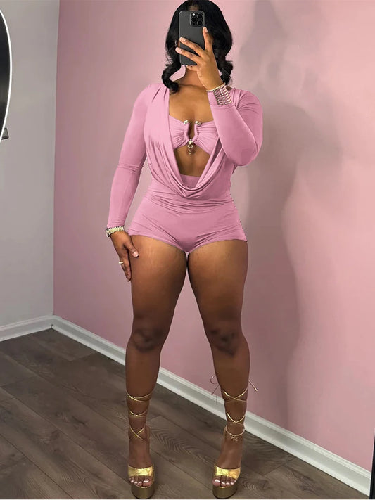 Swing Collar Romper & Metal Buckle Bra Set — Women's Party