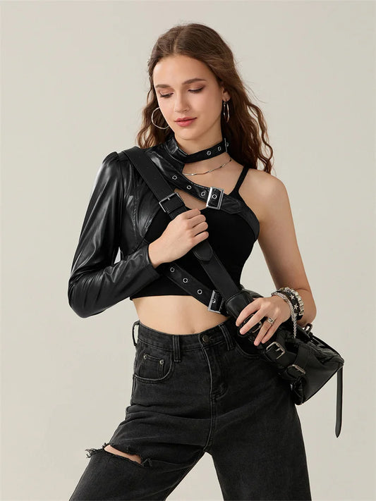 Women PU Leather Jackets Fashion Punk Gothic E Girl Y2K Crop Tops Single Long Sleeve Neck Hanger Buckle Belt Coat Outerwear
