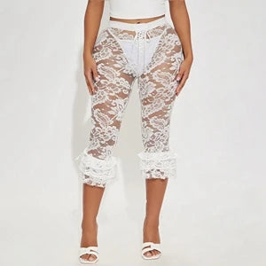 STYLISH LADY Lace Knee Length Pants 2025 Summer Women Midi Waist Hollow Out Sexy Club Party Street See Through Leggings Pants