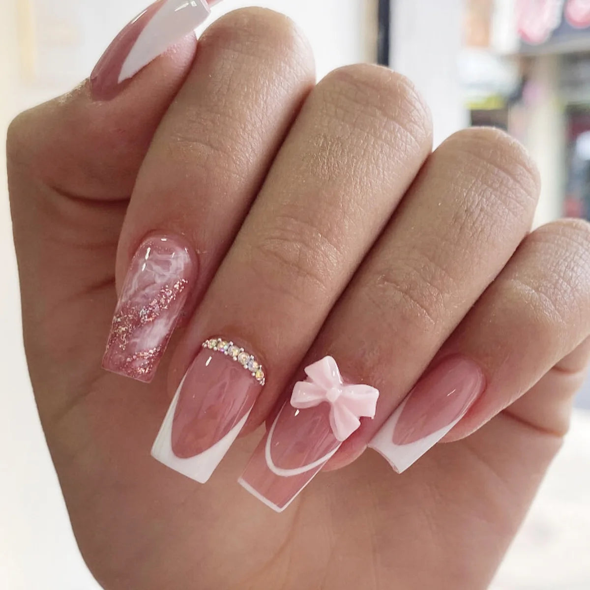 White French Press on Nails 3D Bowknot Fake Nails Tips Full Cover Wearable False Nails for Women and Girls DIY 24Pcs