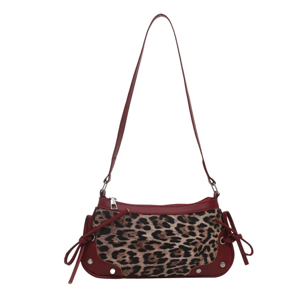 Retro Simple Double Bow Shoulder Bag Leopard Print PU Armpit Bag Women's Bag Women