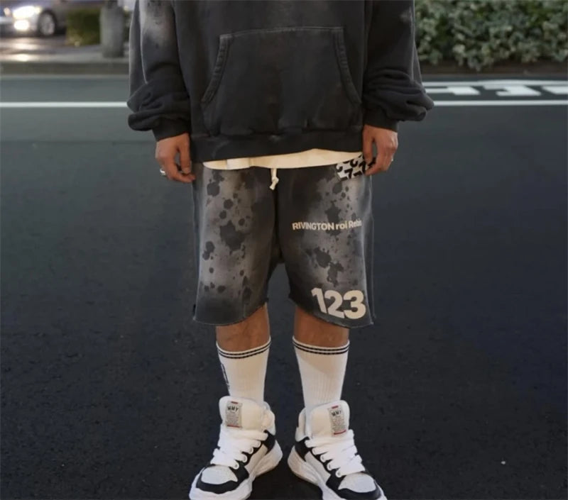 RRR123 2024 New Sports Shorts Heavyweight Washed Graffiti Print Vintage Drawstring Capris Casual High Street Loose Curled Y2K