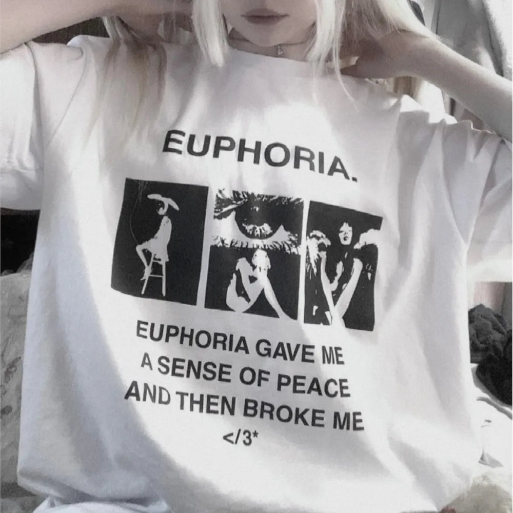 Harajuku Oversized Streetwear Women's Clothing EUPHORIA Graphic Print Tshirt Cotton Hip Hop Korean Short Sleeve Top Tee Goth Y2k