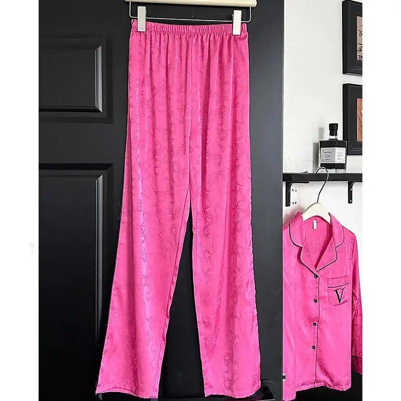 Hot Pink Bow Print Top&pant Loose Homewear Lady Casual 2Pcs Outfit Pijama Mujer Ice Silk Sleepwear Spring Autumn New Pyjamas