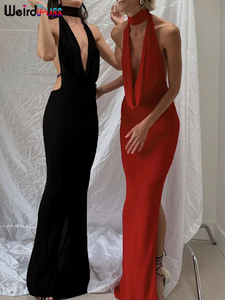 Hollow Halter Backless High Slit Long Bodycon Dress — Women's