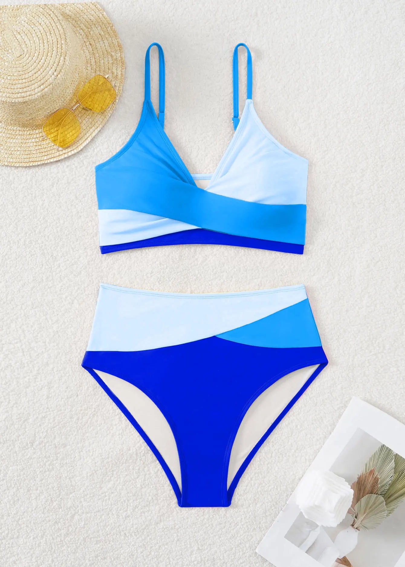 Rose Red Patchwork 2 Piece Swimsuit for Women,high Waist V-neck Suspender Backless Bikini Set,summer Beach Vacation Swimwear New