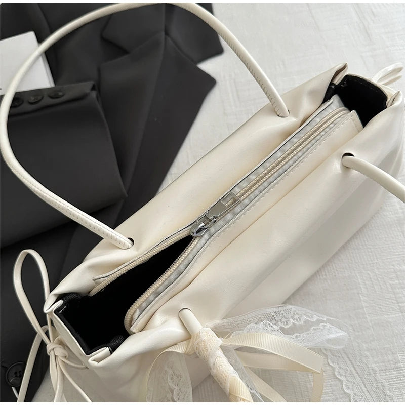 Korean Bow Ribbon Handbag Fashion Lace Square Shoulder Bag French Elegant Baguette Bag Leisure Large Capacity Tote Underarm Bag