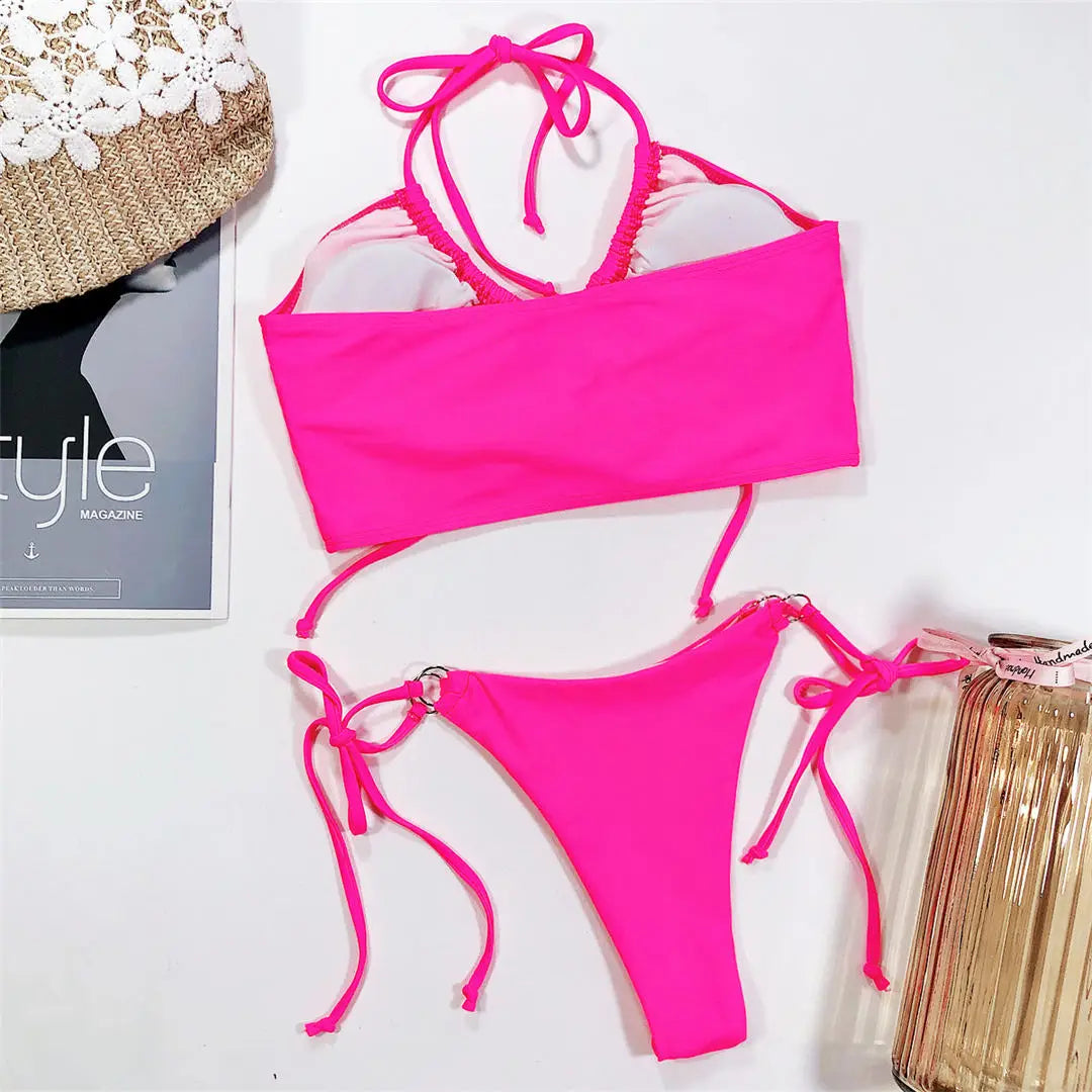 Sexy High Cut Leopard Bikini Women Swimwear Female Swimsuit Two-pieces Bikini set Lace Up Bather Bathing Suit Swim V1708