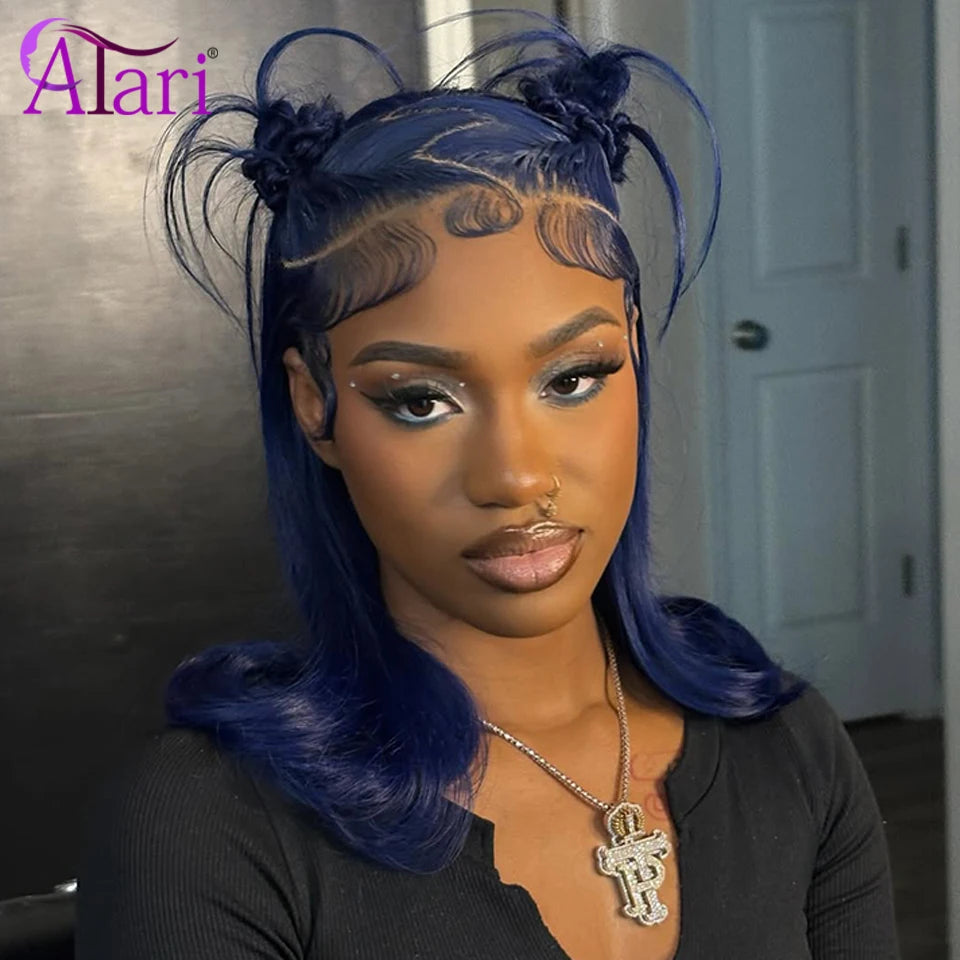 Midnight Blue Short Bob Human Hair Wigs Transparent 13x4 Full Lace Frontal Body Wave Wig Pre Plucked 180 Density Wavy Bob Wig