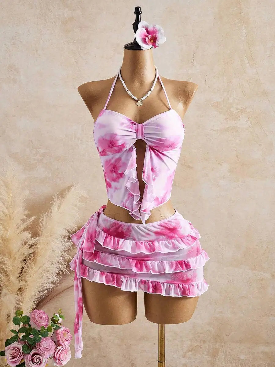 Bellisia Women's Pink Floral Tie-Dye Bikini Set,Summer Casual Holiday Vacation Swimwear,Ruched Bust Flounce Halter Split Tie