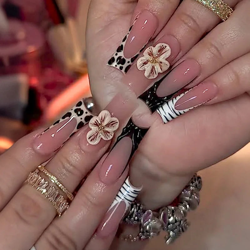 24Pcs Long Square Press on Nails Leopard Print French 3D Cherry Design False Nail Rhinestone Wearable Full Cover Fake Nails Tips