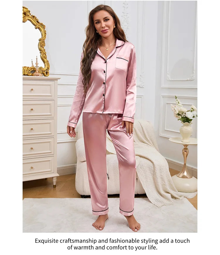 Autumn Satin Women‘s Pajamas Set Notched Collar Top & Wide Leg Long Pants 2 Pieces Sleepwear Female Loungewear Like Leisure Suit