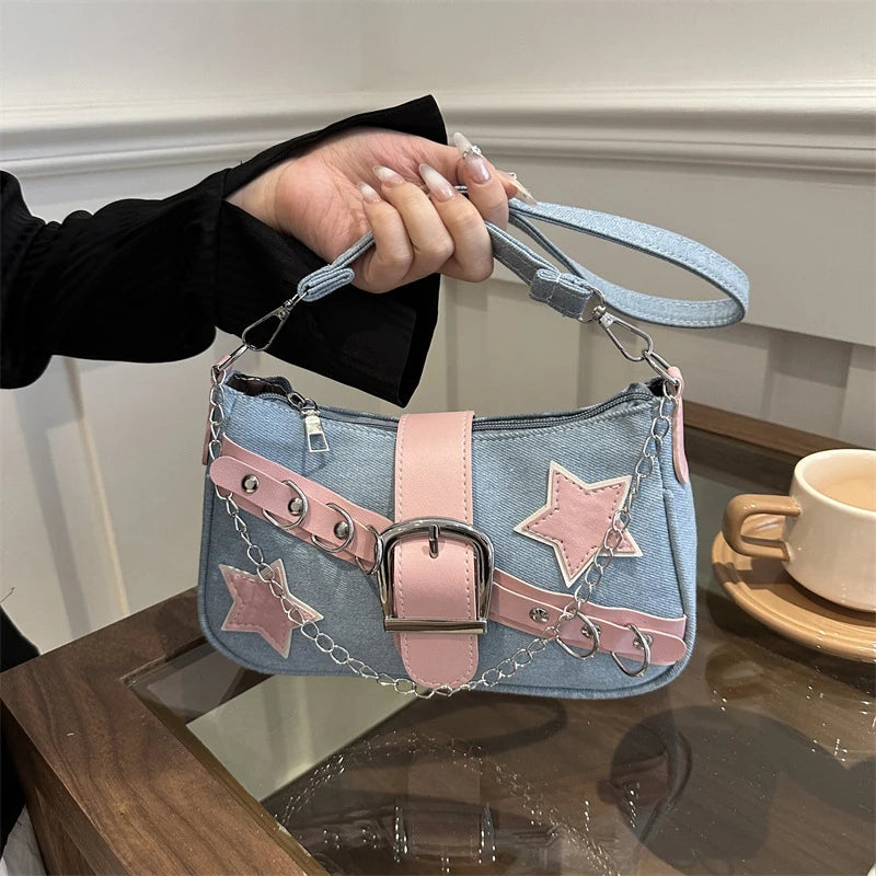Fashion Women's Handbags Denim Stars Pattern Cool Girls Underarm Bag Female Small Shoulder Hobo Bags Chain Tote Bag