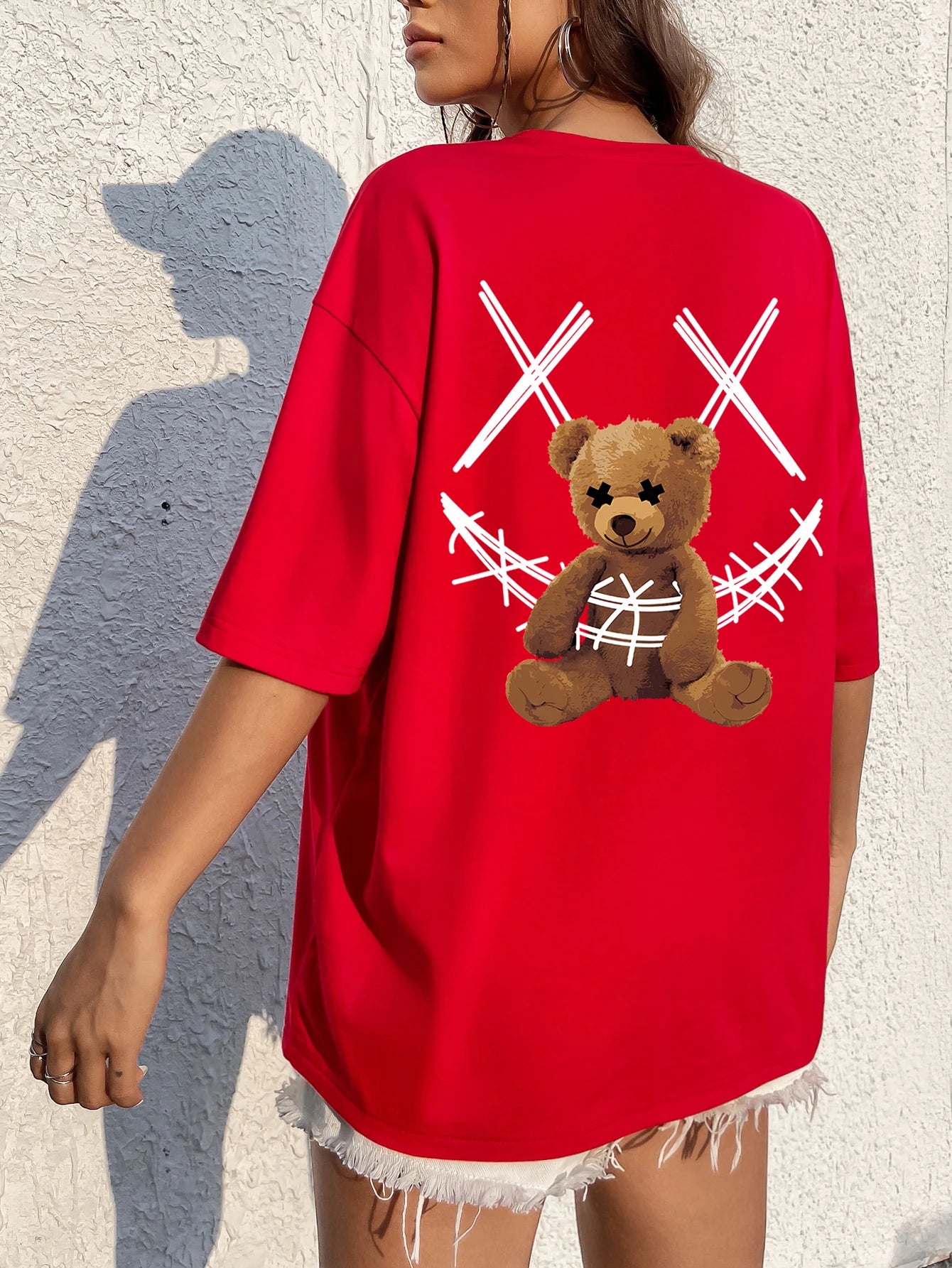 A Stuffed Bear Bound With A Bandage Print T-Shirts Female Casual Soft Tops Fashion Cool Tee Clothes Street Summer Short Sleeves