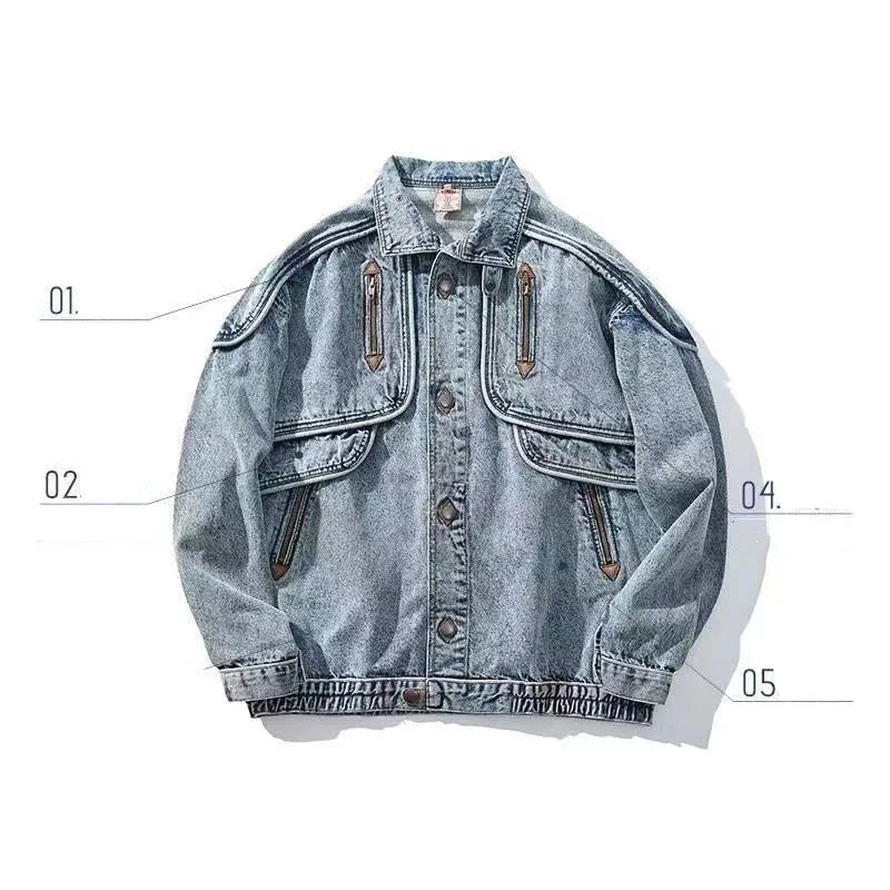 American Retro Jacket Snowflake Washed Vintage Denim Jacket Zipper Pocket Tooling Lapel Jean Coats Loose Motor Jaqueta Outerwear