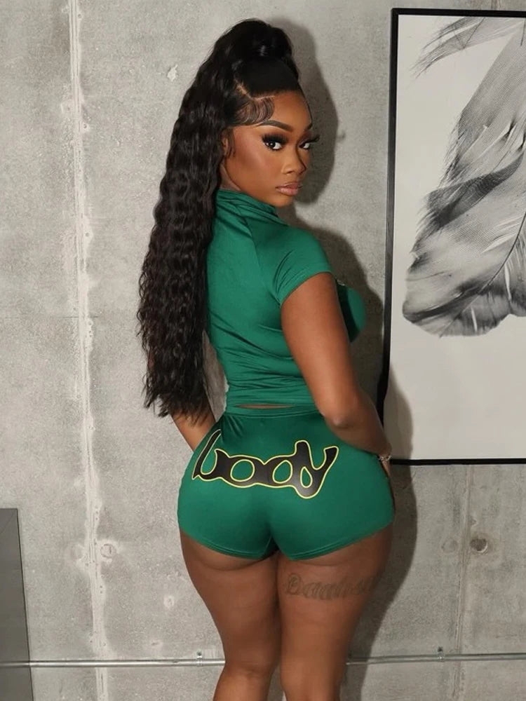Weird Puss Letter Print Women2 Piece Set Casual Sporty Zip Crop Tops+Shorts Matching Streetwear Stretch Skinny Streetwear Suits