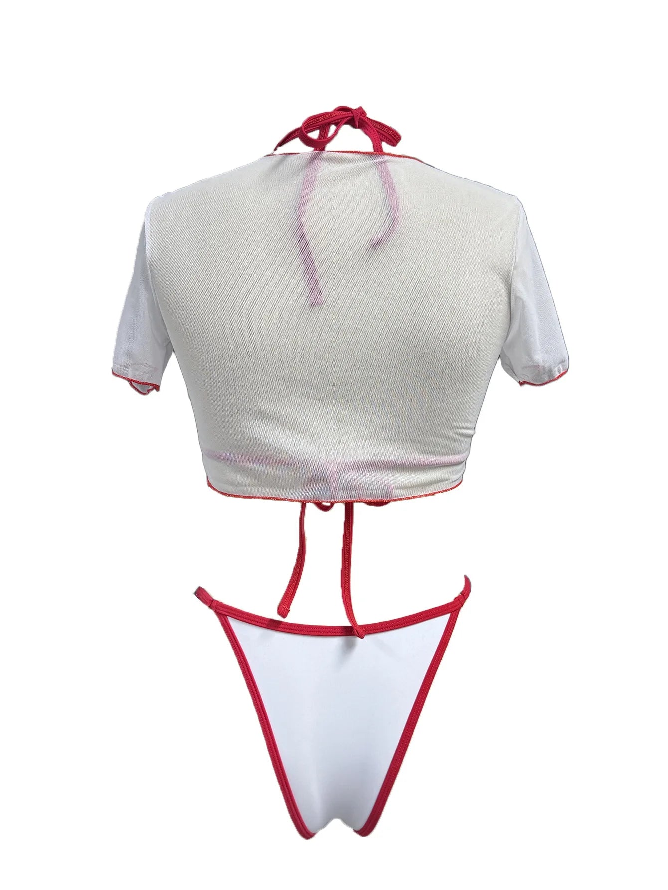 HLJ&GG Sexy Cherry Printed See Though 3 Piece Bikini Swimsuit Women Round Neck Short Sleeve Top Outfit Summer New 3pcs Beachwear