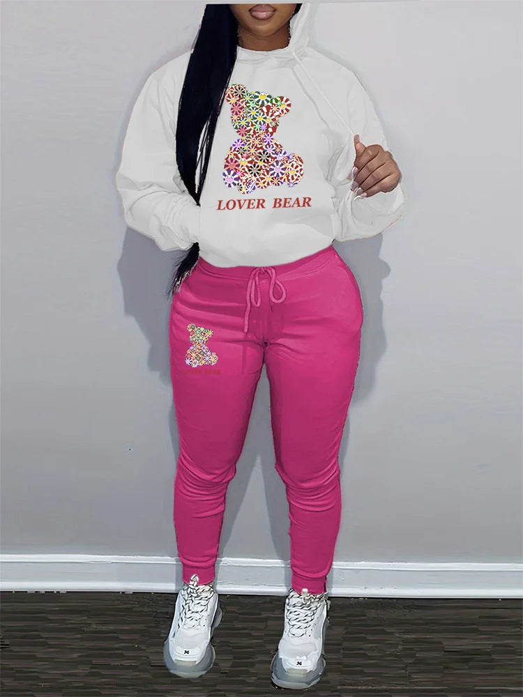 Women's Hoodies Sets Pants Suit 2 Piece Outfits 2025 New Letter Print Bear Aesthetics Sweatshirt and Sweatpants Womens Tracksuit