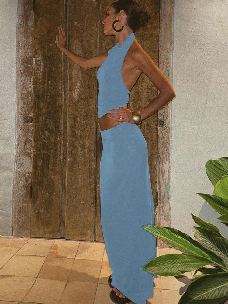 Weird Puss Simple Hollow 2 Piece Set Women Summer Halter Swing Collar Backless Crop Tops+Long Skirts Vacation Matching Outfits