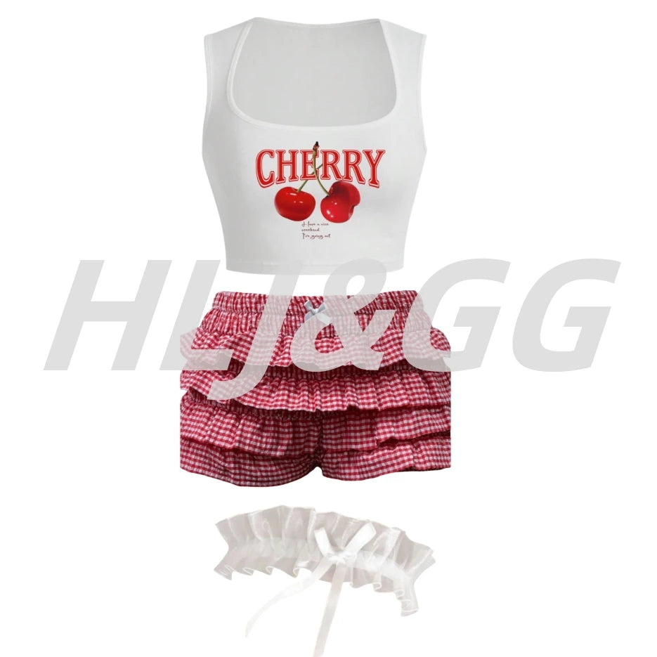 HLJ&GG Y2K Sweet Cherry Print Two Piece Sets Women Round Neck Sleeveless Slim Tank Top And Ruffle Plaid Shorts Outfit Streetwear