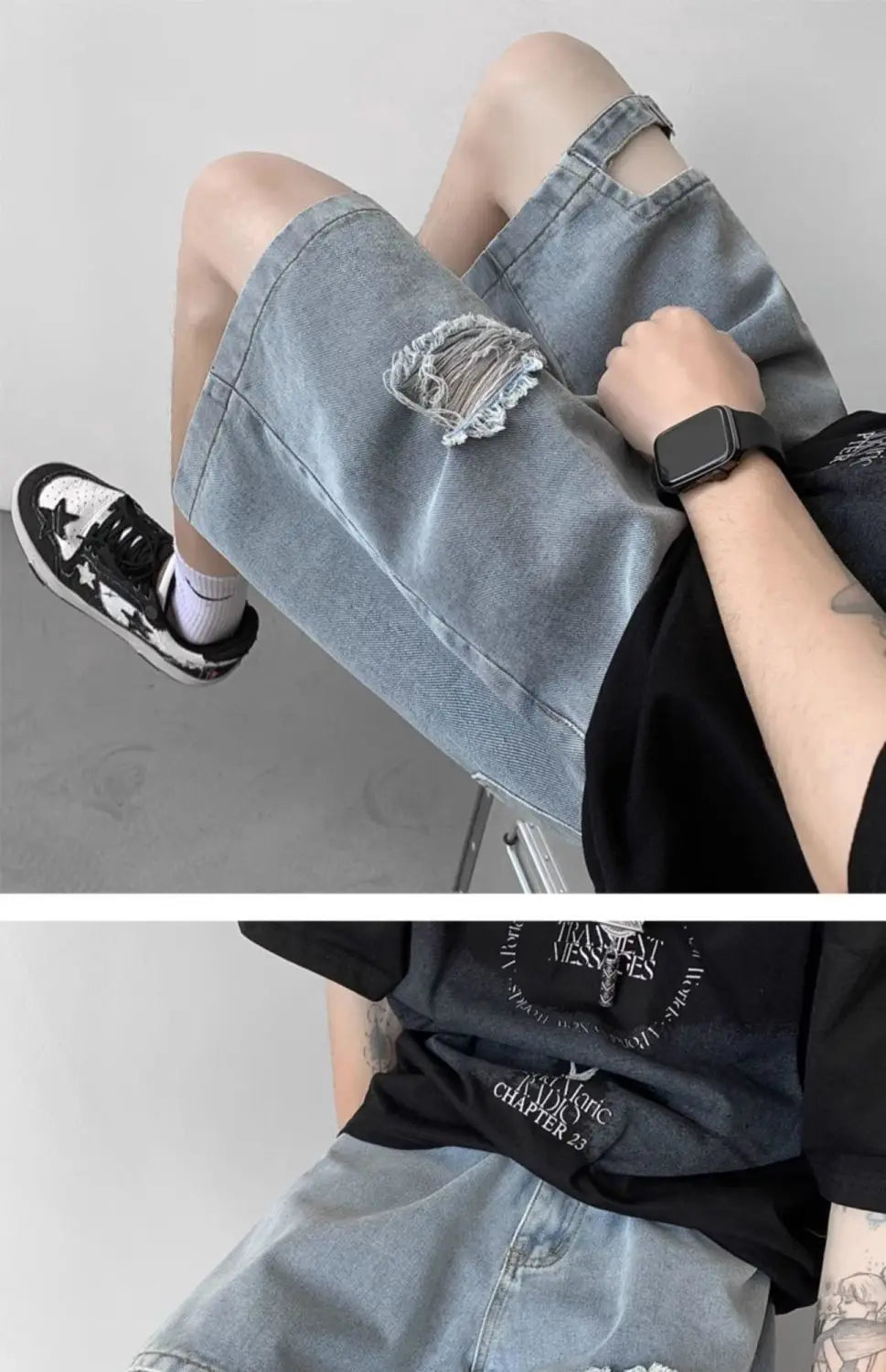 Denim Summer Thin American Ripped Denim Versatile Loose Casual Mid-sized Pants, men's jeans