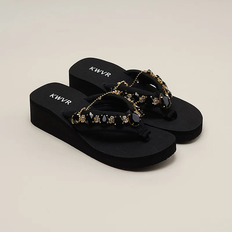 Adult 4cm Sponge Cake Thick Sole Flip Flops Summer 2026 Women's Versatile Conch Anti-slip Sandals Shiny Diamonds Beach Shoes