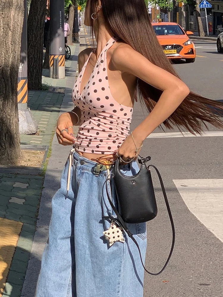 weird Puss Halter v-Neck Vest Women Y2K Lace-Up Backless Polka Dot Print  Skinny Summer Fashion Daily Street Basic Tank Tops