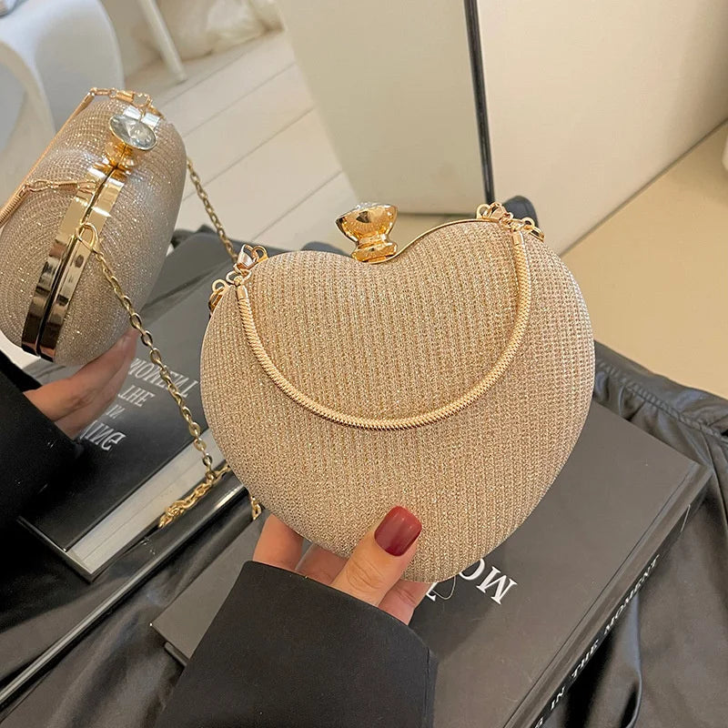 Evening Clutch Bag For Women Shiny Heart Shape Metal Clutch Chain Shoulder Purse