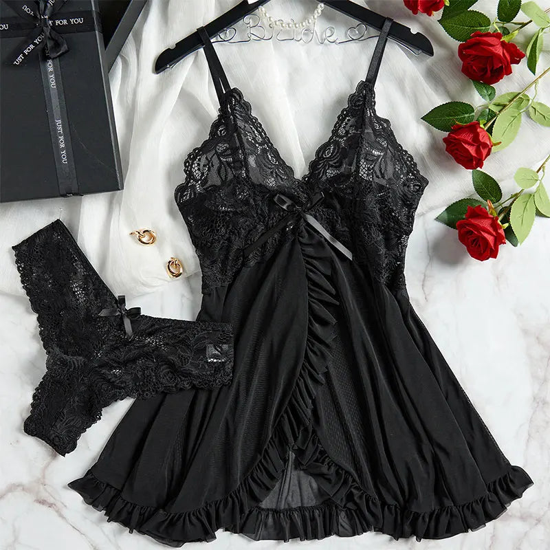 Deep V Lace Push Up Erotic Lingerie Pajamas Set Summer Thinly Woman Nightgown Hot Night Dress Sexy Bra Plus Size Sleepwear Thong