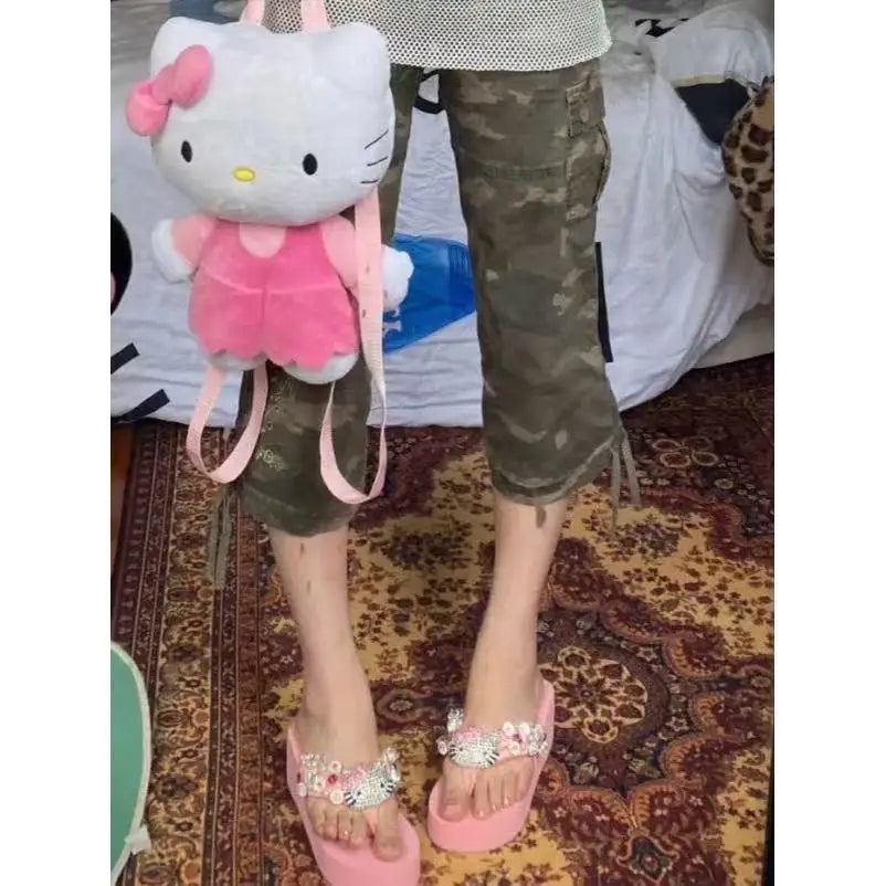 Cute Home Soft Flip-flop Sandals Y2k Beach Shoes Around Cartoons Women Kawayi Leisure Wedge-shaped High Heels and Thick Soles.