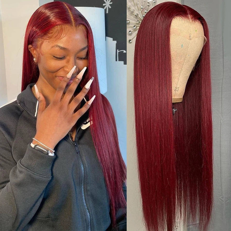 99J Burgundy 13x6 Colored HD Lace Front Wig Human Hair Wigs PrePlucked Premium Red Peruvian Straight Lace Frontal Human Hair Wig