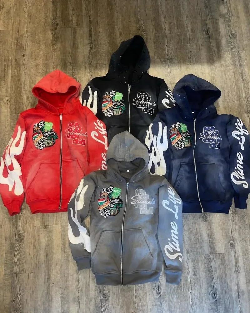 Harajuku Trend Brand Casual Loose Oversized Zipper Hoodie Men Y2k Gothic Retro Letter Flame Embroidered Sweatshirt Jacket Women