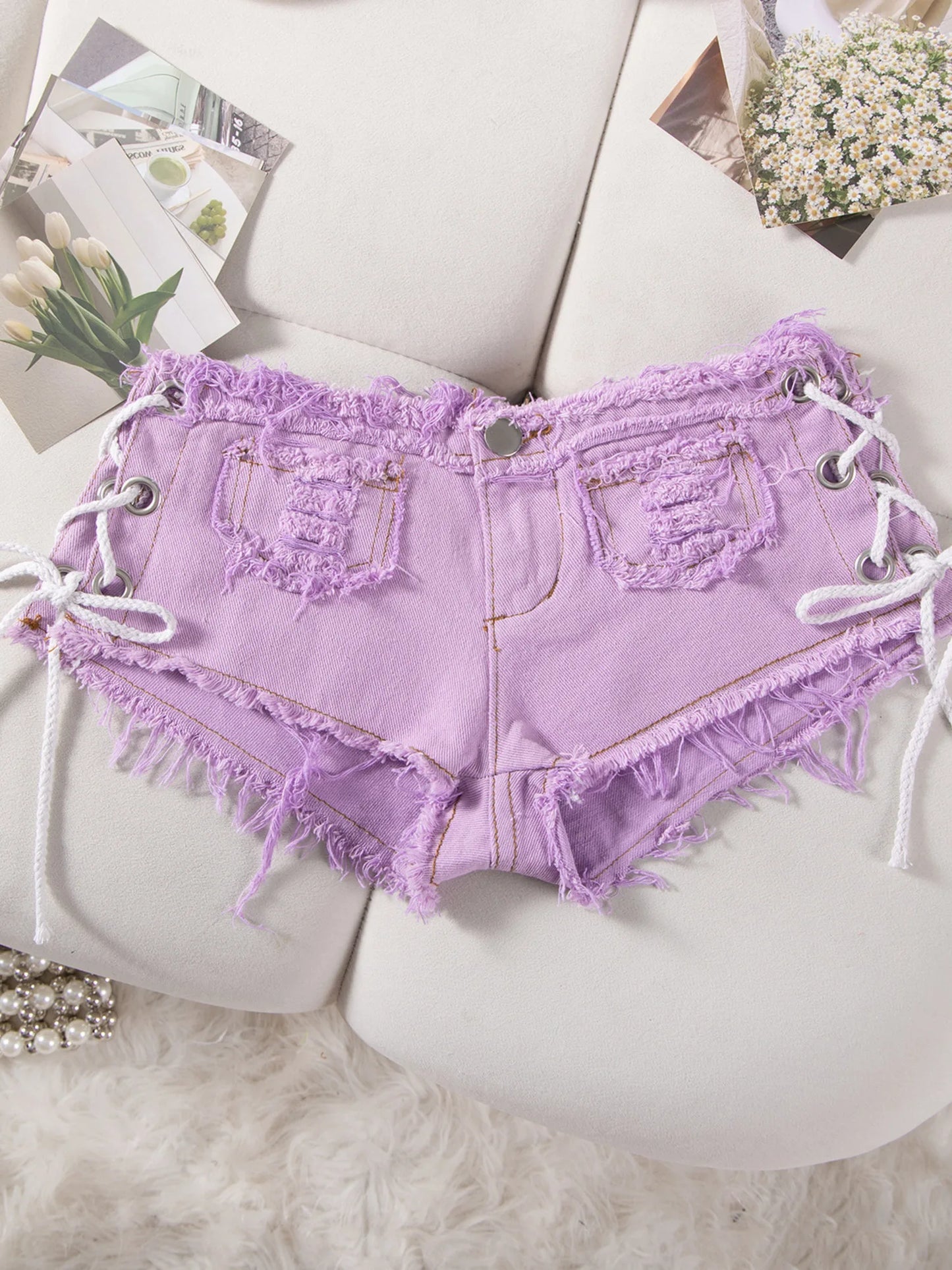 Women Low Rise Denim Shorts Side Lace Up Ripped Frayed Hem Y2K Summer Hot Pants Sexy Streetwear 2026