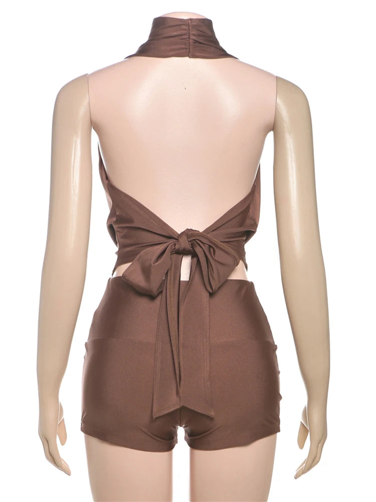 Weird Puss Sexy 2 Piece Set Women 2025 Summer Halter Backless Lace Swing Collar Crop Top+Shorts Matching The Banquet Outfits