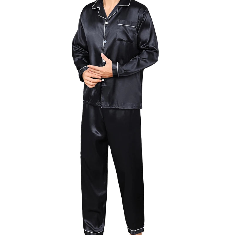 Two piece sets men's pajamas autumn and winter silk satin long sleeved pants casual simple solid color sleepwear set