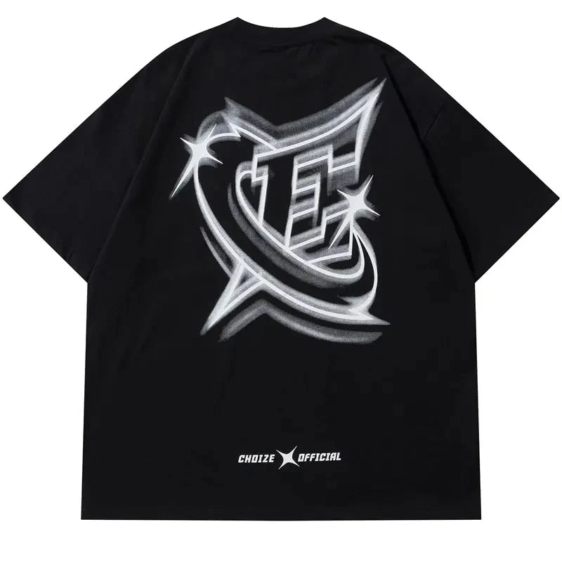 Men Streetwear Tshirt Letter Star Aesthetic Graphic T-Shirt Oversized Black Casual T Shirt 2024 Harajuku Hip Hop Tops Tee Cotton