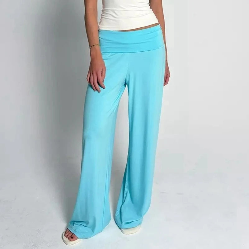 Women Casual Fold‑Over Waist Flare Pants Solid Stretchy Wide Leg Bell Trousers Daily Wear Lounge Y2K Loose Fit Sweat Pants