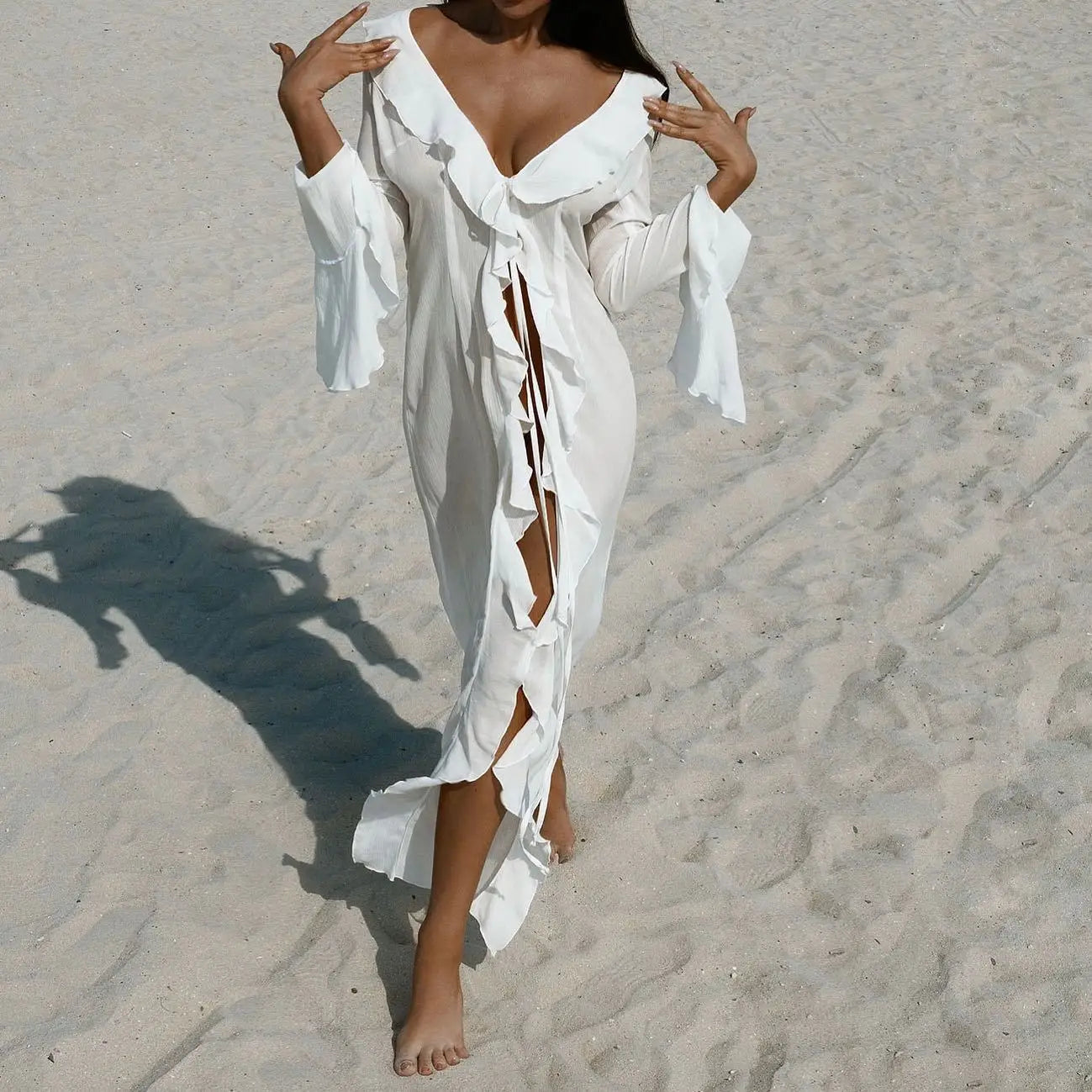 Long Sleeve Sunscreen Beachwear Womens Clothing Sexy V Neck Ruffled Black White New Chiffon Tunic Beach Cover Up Cover-ups Dress