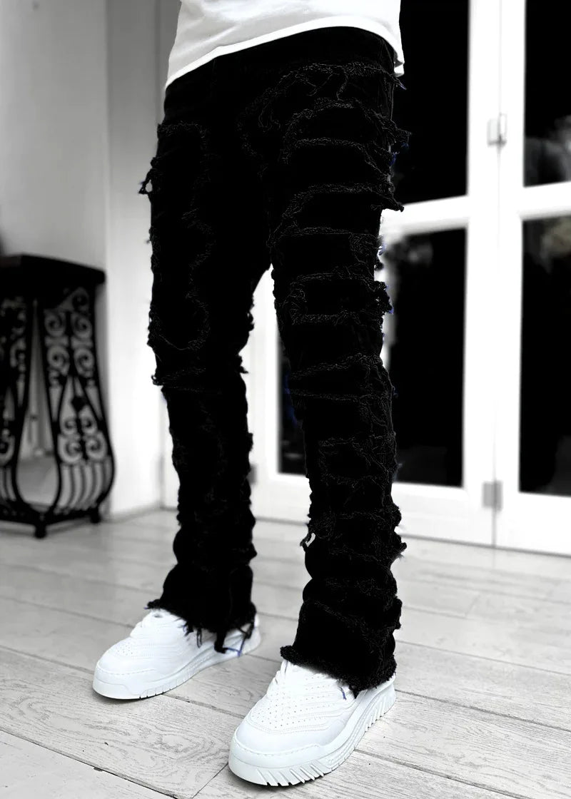 2025 New Men's Stacked Jeans Stretched Patchwork Tassel Damaged Denim Full Length Pants Hip-pop Trousers For Male